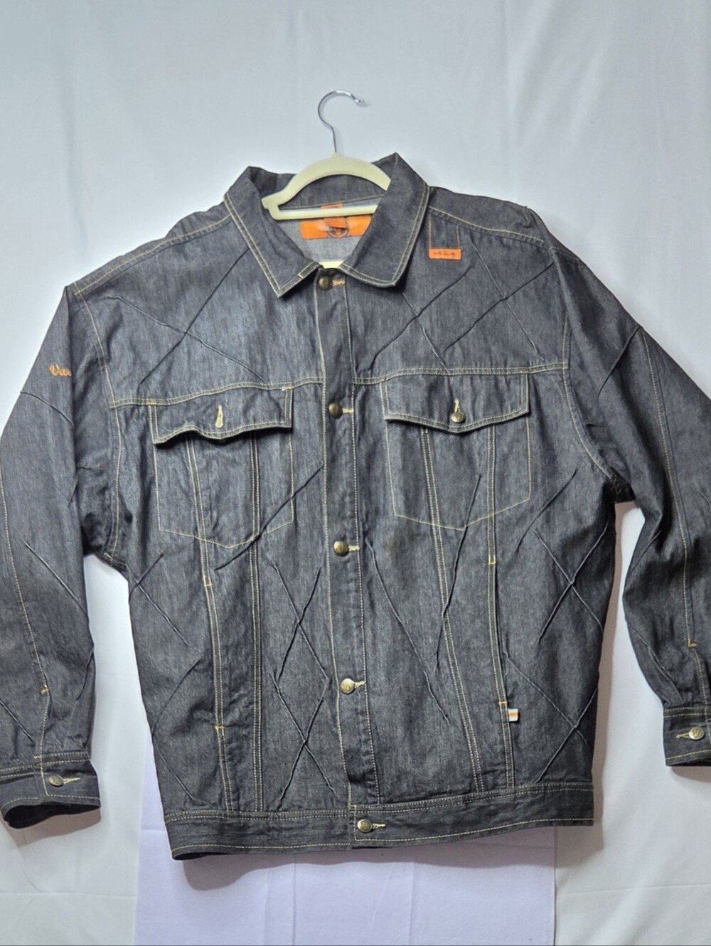 VTG Varcity USA Diamond Stitch Denim Jacket Baggy Y2K XL